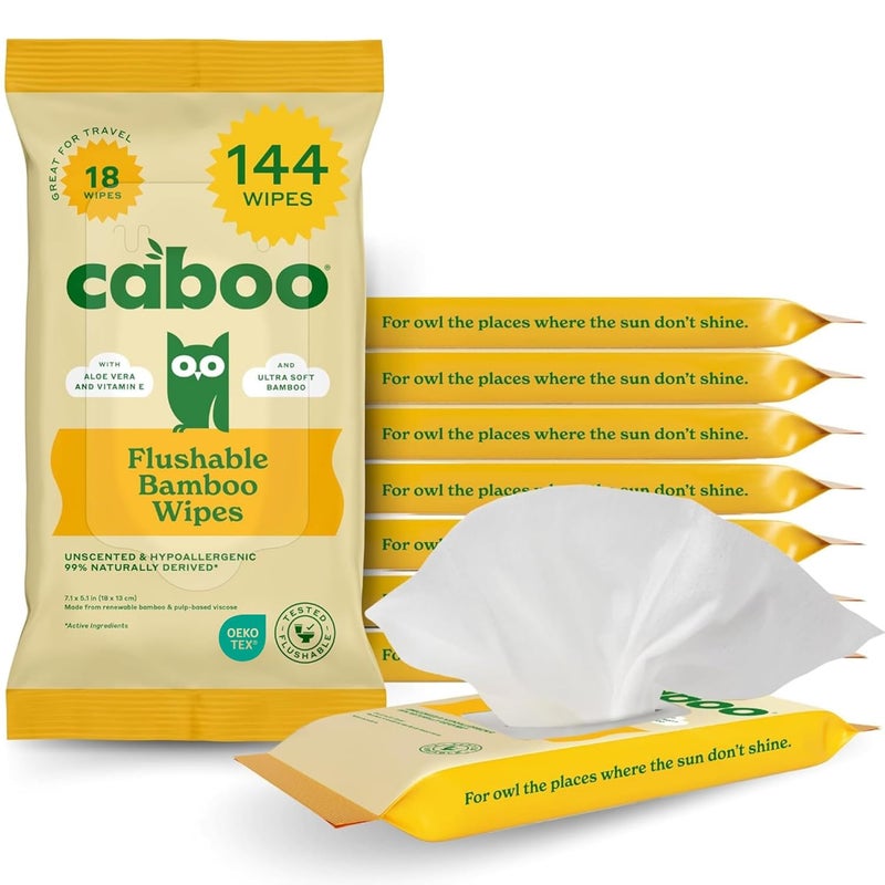CABOO Tree Free Flushable Wipes, Travel Wipe, Certified Flushable, Septic Safe, Biodegradable Wipe for Adults, Pack of 8, Total of 144 Travel Toilet Wipes - Image 1
